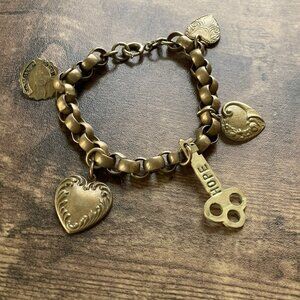 Vintage 1940s Sweetheart Charm Bracelet Brass Hearts Key Coin 7" Rolo Chain